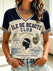 T-shirt à col en V imprimé du drapeau français de Corse pour femme