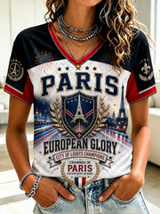 T-shirt à col en V imprimé pour le championnat de football féminin de Paris