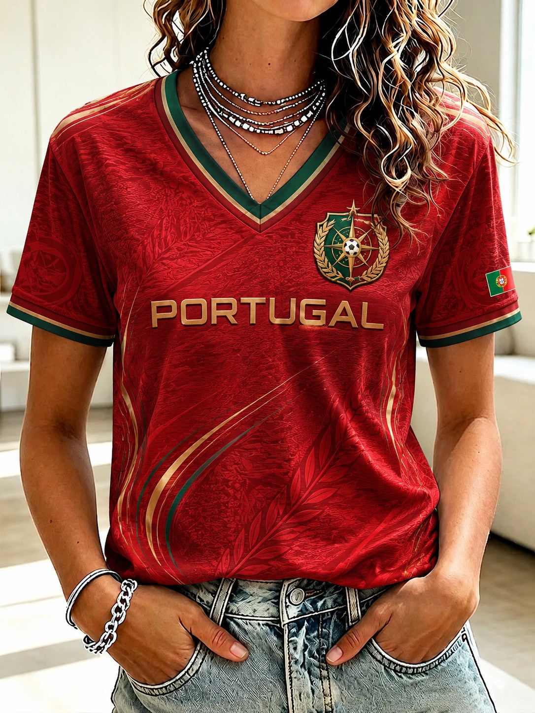 T-shirt à col en V imprimé Portugal Football pour femme