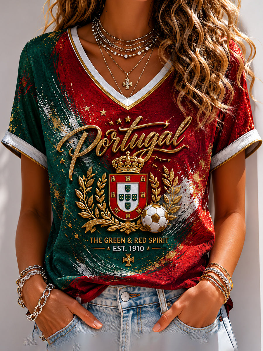 T-shirt à col en V imprimé pour le football portugais, modèle femme