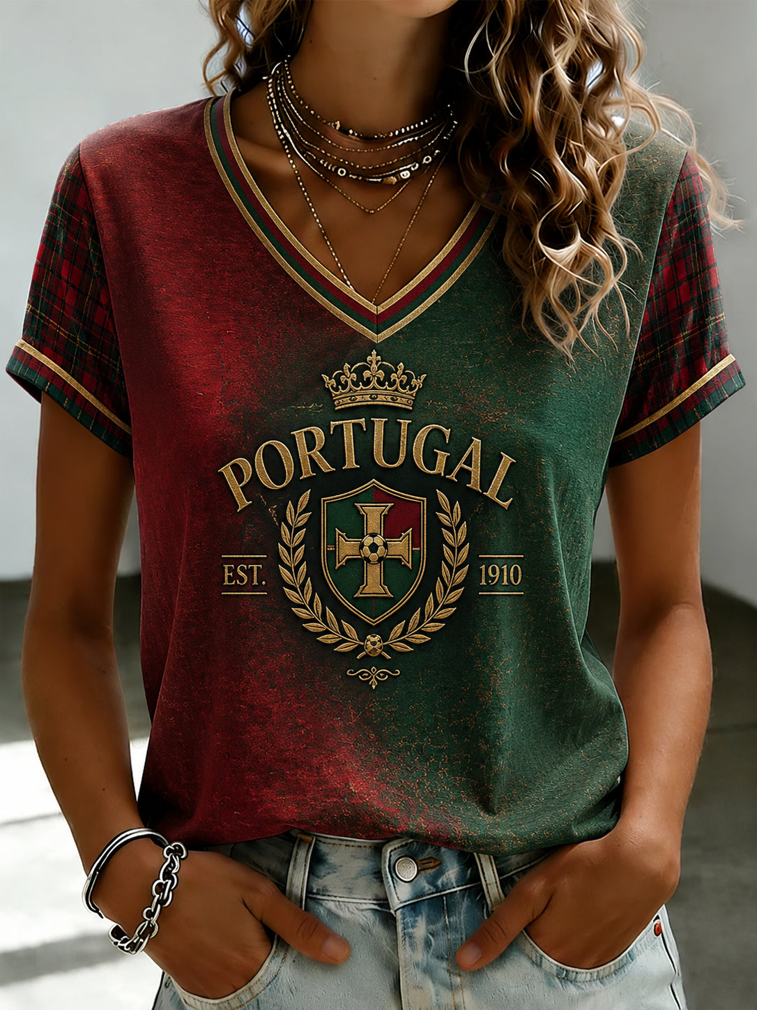 T-shirt à col en V imprimé pour le football portugais, modèle femme