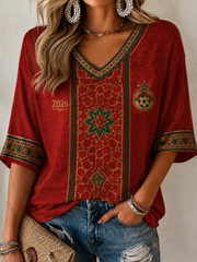 T-shirt femme à manches mi-longues et col en V, imprimé MAROC