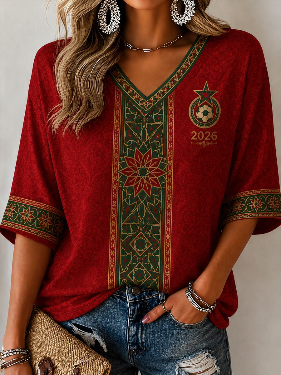 T-shirt femme à manches mi-longues et col en V, imprimé MAROC