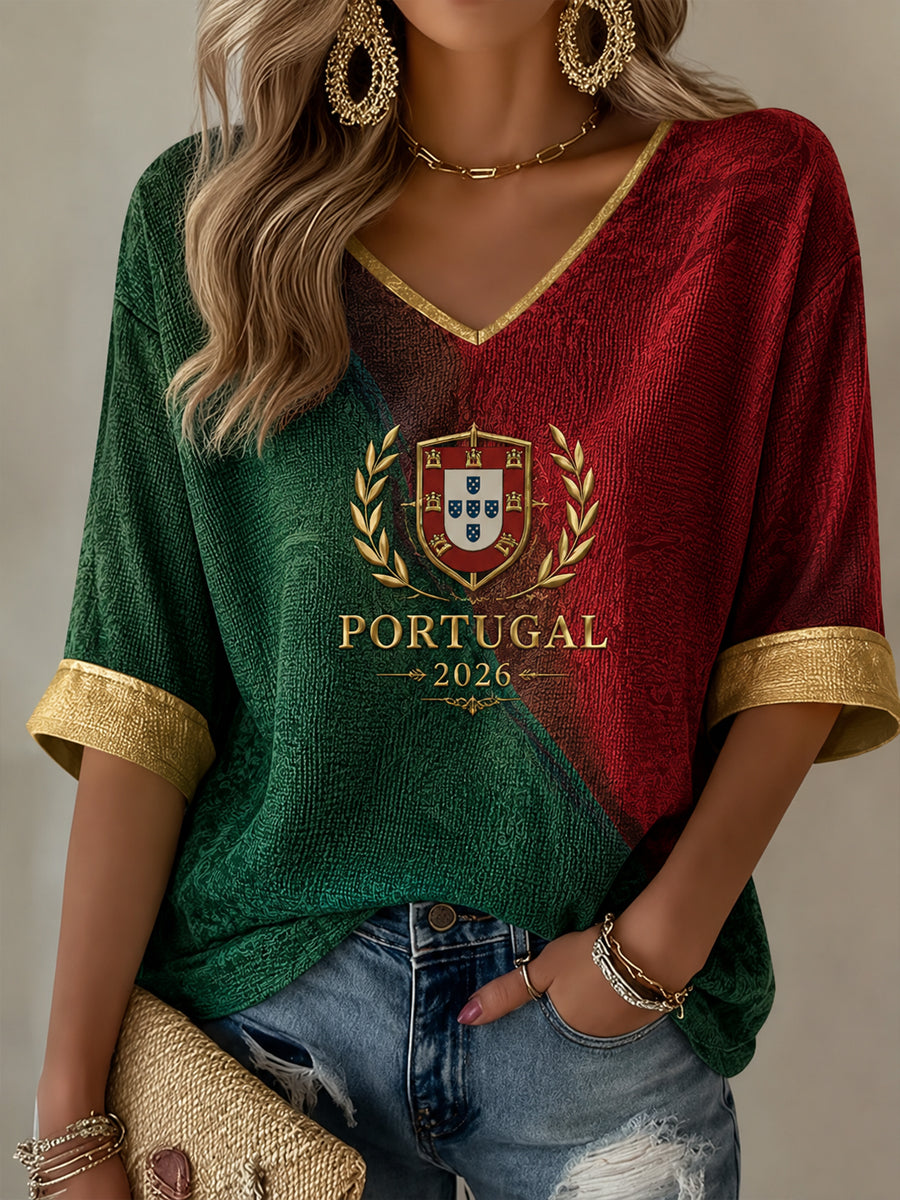T-shirt décontracté à imprimé football portugais pour femmes
