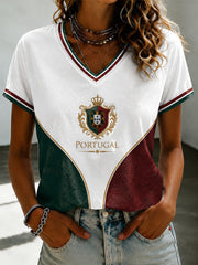 Camiseta feminina de futebol português com estampa e gola em V