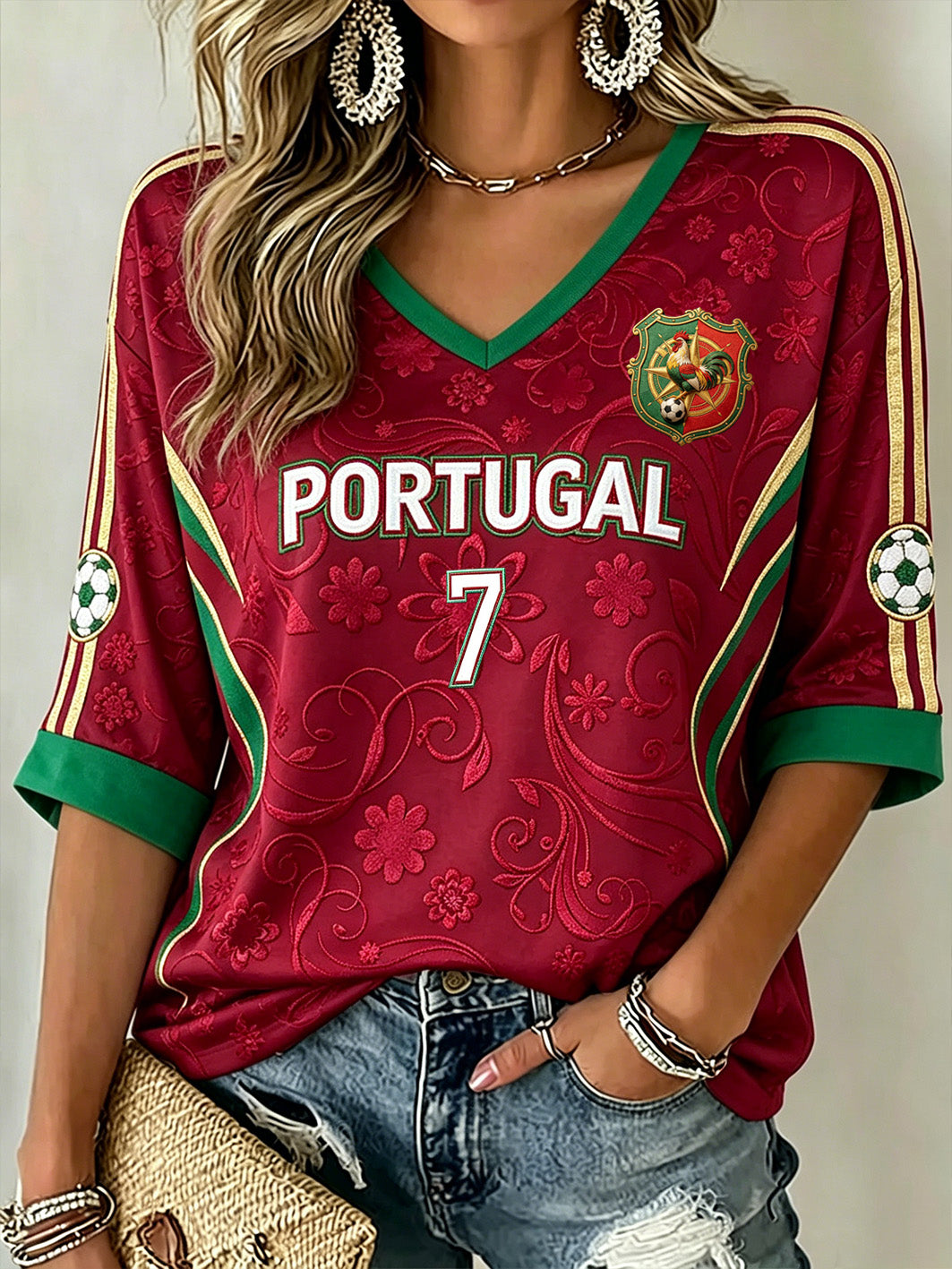 Camiseta Casual de Futebol Feminino com Design em Color-Blocking, Manga Média e Gola em V