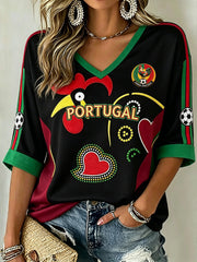 Camiseta Casual de Futebol Feminino com Design em Color-Blocking, Manga Média e Gola em V