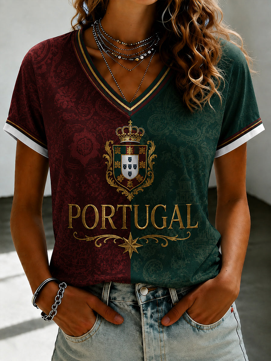 Camiseta feminina de futebol português com estampa e gola em V