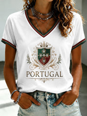 Camiseta feminina de futebol português com estampa e gola em V