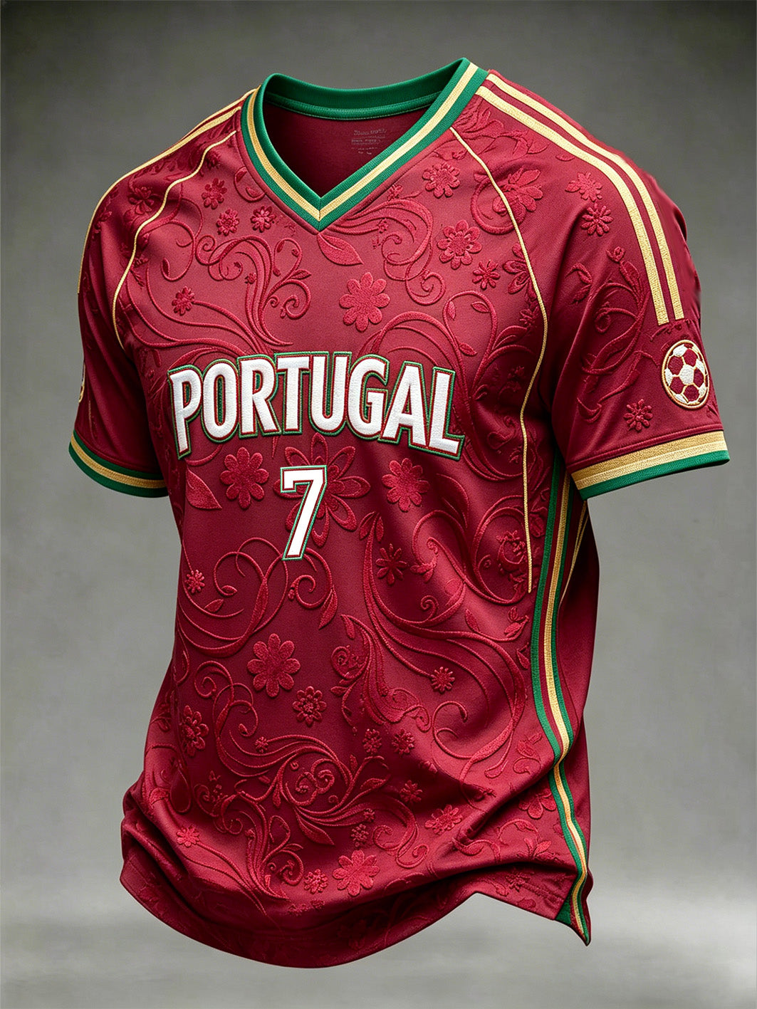 Camiseta esportiva casual com estampa de plantas e elementos do futebol masculino
