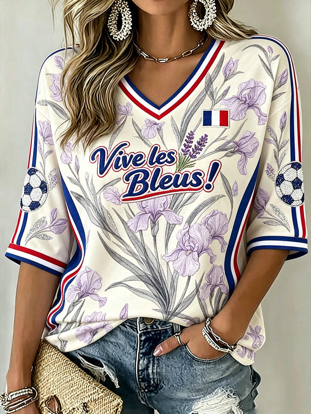 T-shirt décontracté à manches mi-longues et col en V, motif floral pour le football féminin