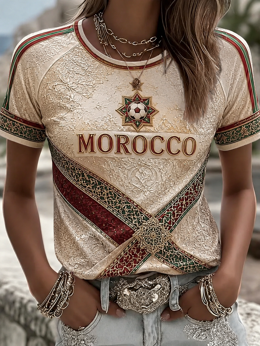 T-shirt femme imprimé football marocain, col rond, manches courtes