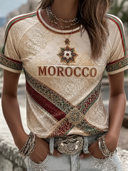 T-shirt femme imprimé football marocain, col rond, manches courtes