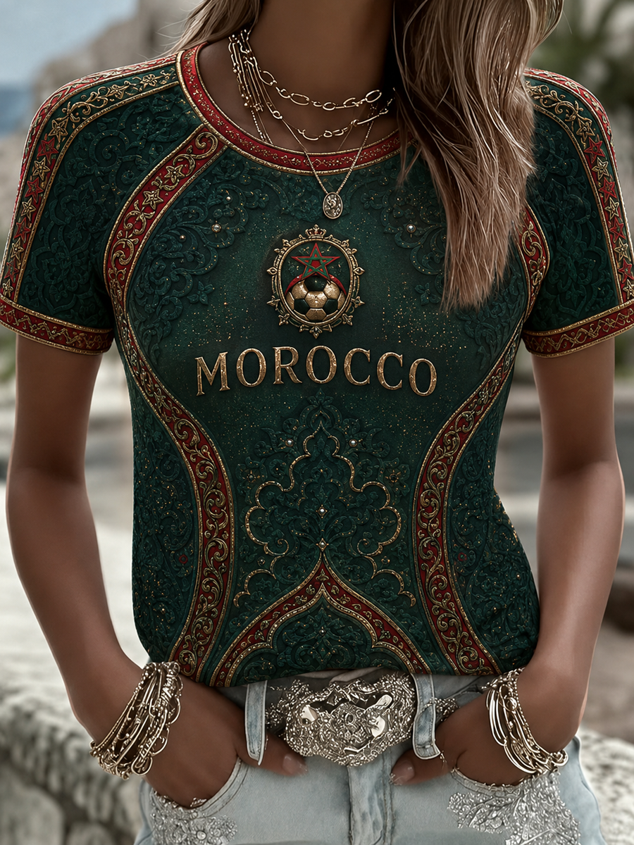 T-shirt femme imprimé football marocain, col rond, manches courtes