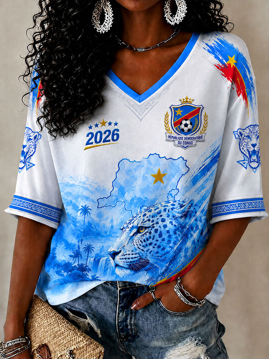T-shirts à col en V de football pour femmes de la République démocratique du Congo