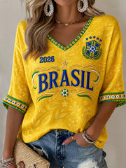 Cadeau pour femmes, fanatiques de football: t-shirt décontracté à manches mi-longues et col en V avec imprimé