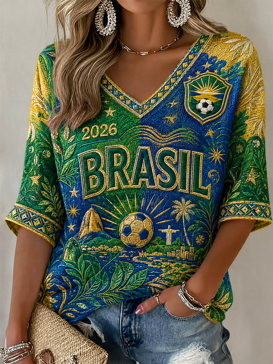 Cadeau Femme Pour Les Fans De Football Imprimé Décontracté Demi-Manches Col V T-shirt