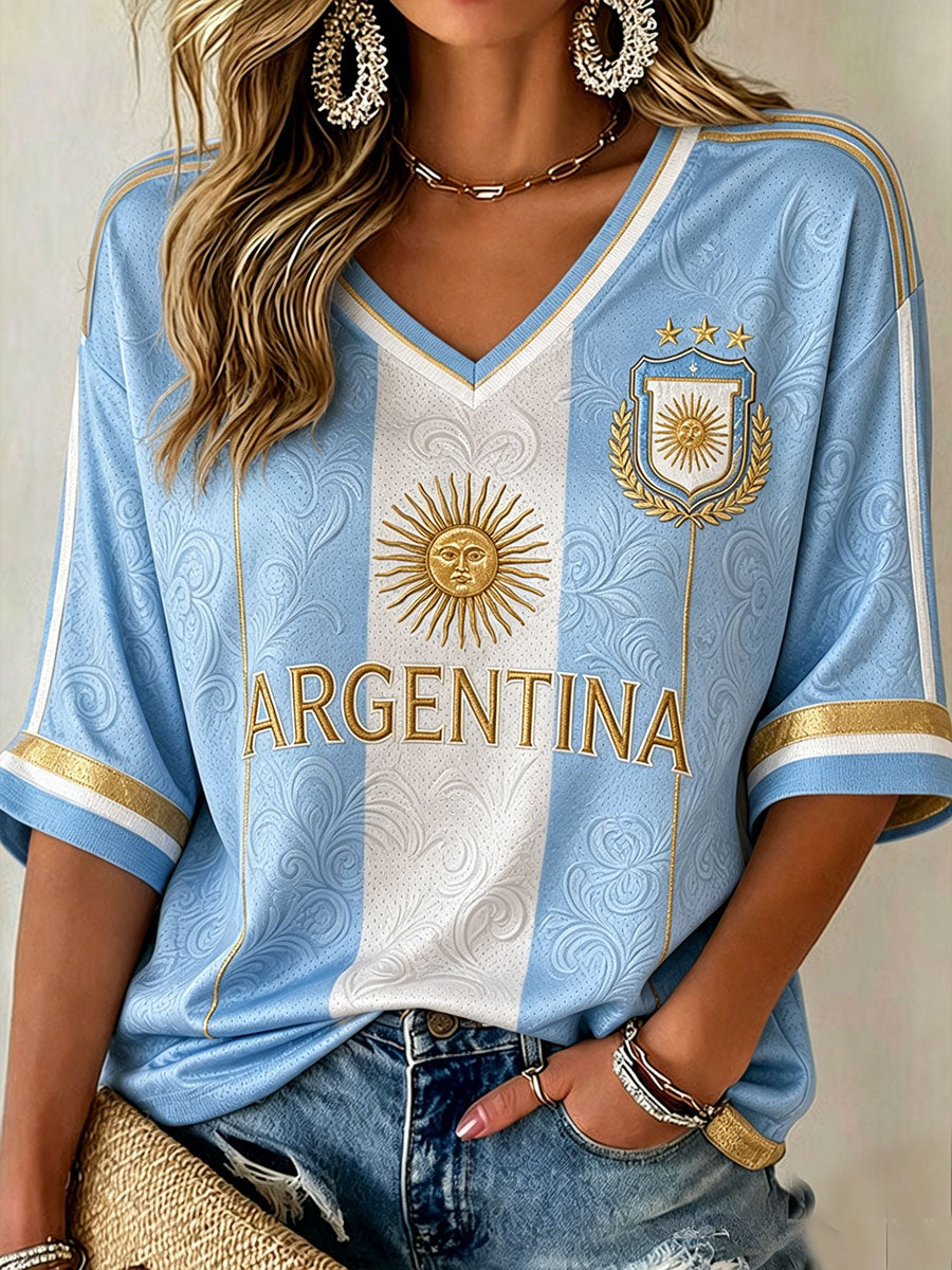 T-shirt col en V manches mi-longues Argentine Football pour femme