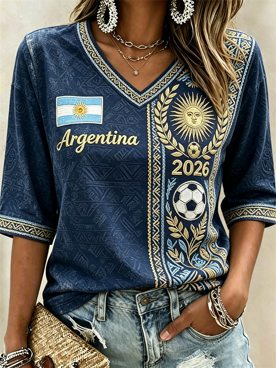 Femmes Argentine 2026 Football & Drapeau imprimé ethnique manches mi-longues col en V T-shirt