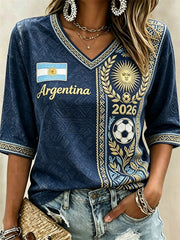 Femmes Argentine 2026 Football & Drapeau imprimé ethnique manches mi-longues col en V T-shirt