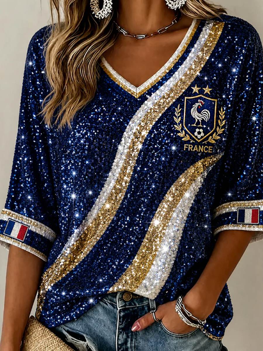 T-shirt femme à manches mi-longues et col en V