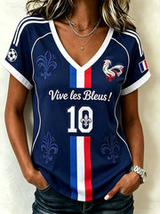 T-shirt à col en V pour femme, motif imprimé aux motifs de football et combinaison de couleurs