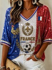 T-shirt femme à manches mi-longues et col en V