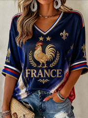 T-shirt femme France mi-long à manches et col en V