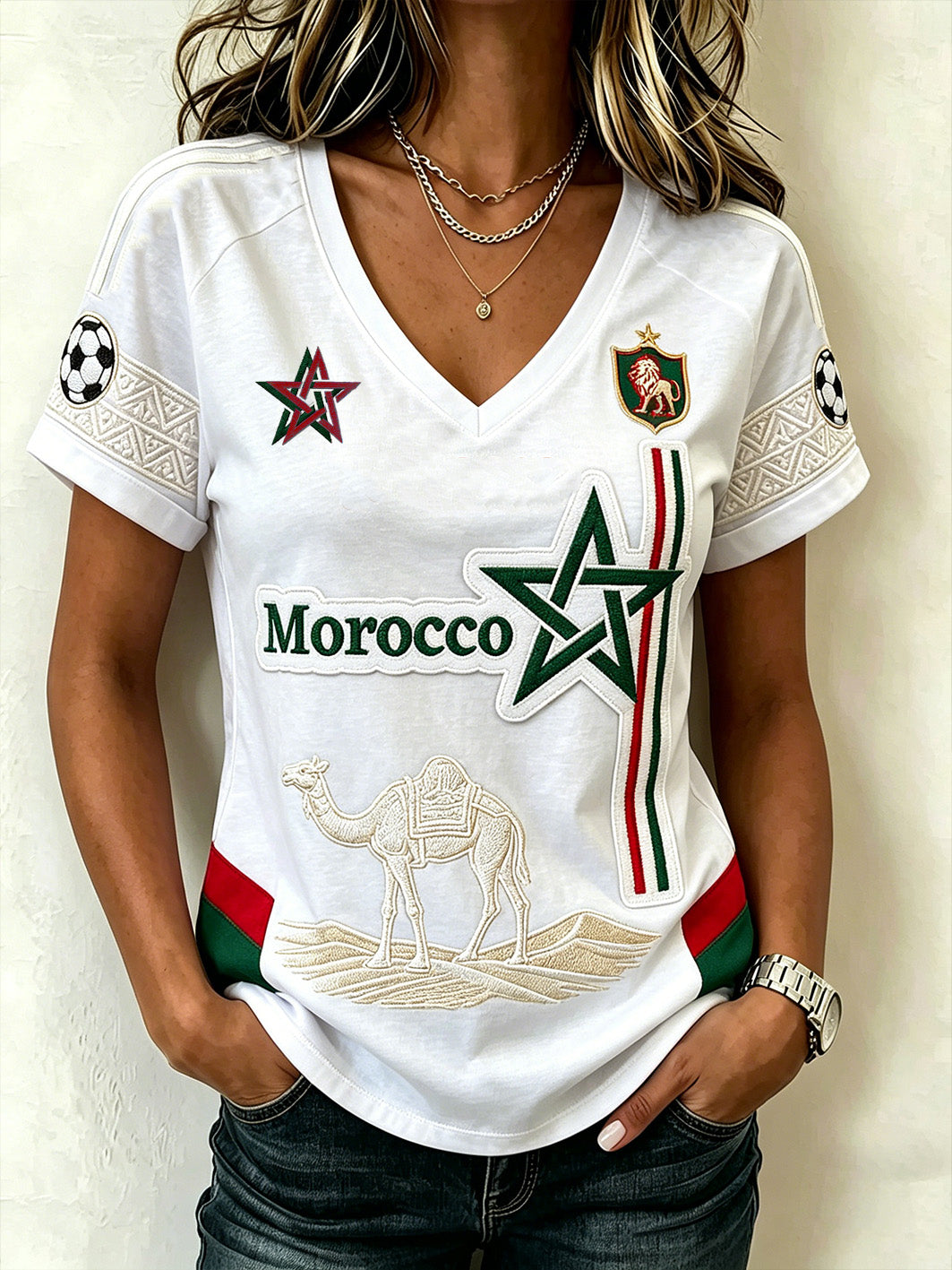 T-shirt à manches courtes pour femme, motif imprimé aux motifs de football et combinaison de couleurs