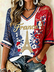 T-shirt femme France Football à manches mi-longues, col en V, imprimé fleuri avec drapeau et blocs de couleur