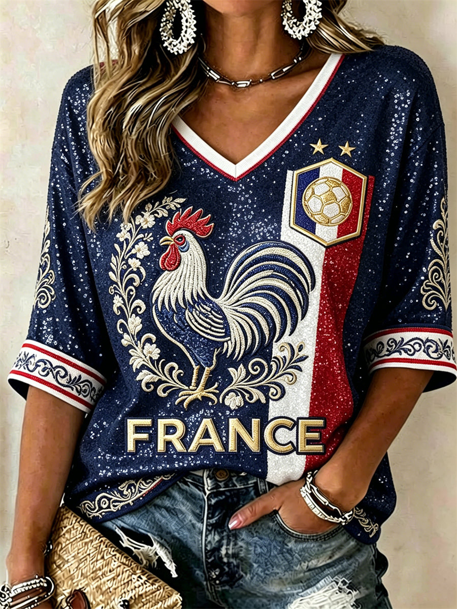 T-shirt à col en V et manches mi-longues pour femme, motif coq français et fleurs, imprimé pailleté
