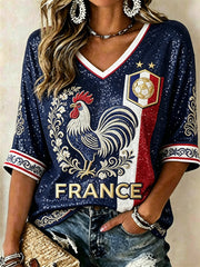 T-shirt à col en V et manches mi-longues pour femme, motif coq français et fleurs, imprimé pailleté