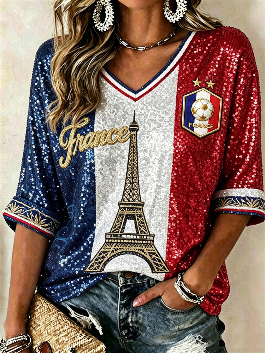 T-shirt femme France Football à manches mi-longues, col en V, motif imprimé pailleté et empiècements colorés