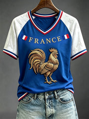 T-shirt à manches courtes et col en V pour femme, imprimé coq, inspiré du football français