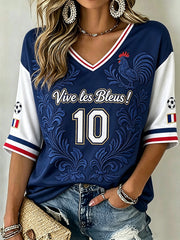 T-shirt femme à col en V, manches mi-longues, imprimé d’un motif aux accents français, idéal pour le loisir