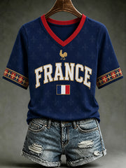 T-shirt femme France Lover à col en V et manches courtes