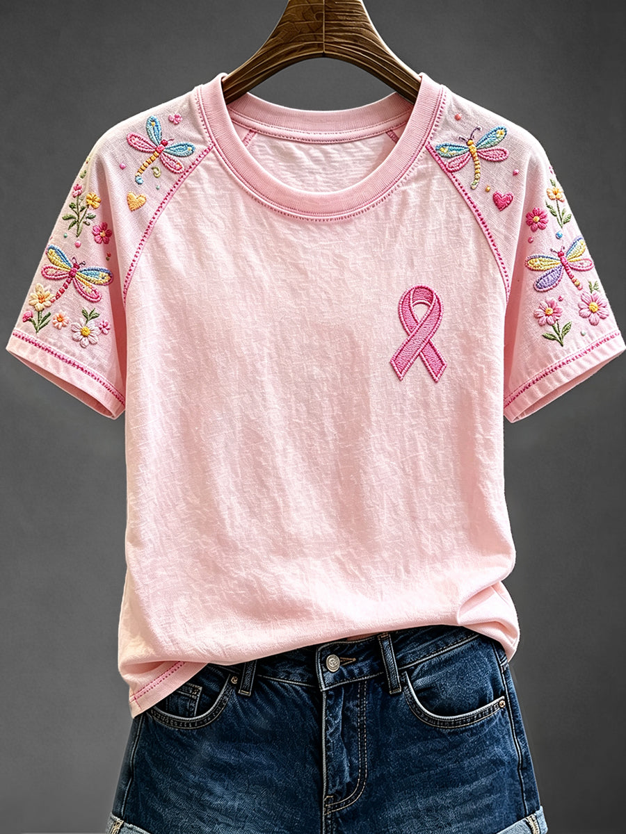 T-shirt à manches courtes libellule florale rose pour femme