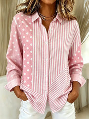 Chemise Femme Rose Rayée À Pois En Coton Lin