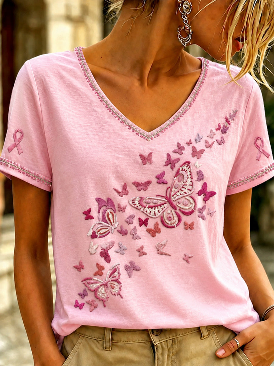 T-shirt col en V imprimé art rose cancer du sein pour femmes