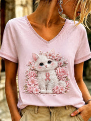 T-shirt à col en V imprimé d’art rose sur le thème du cancer du sein chez la femme