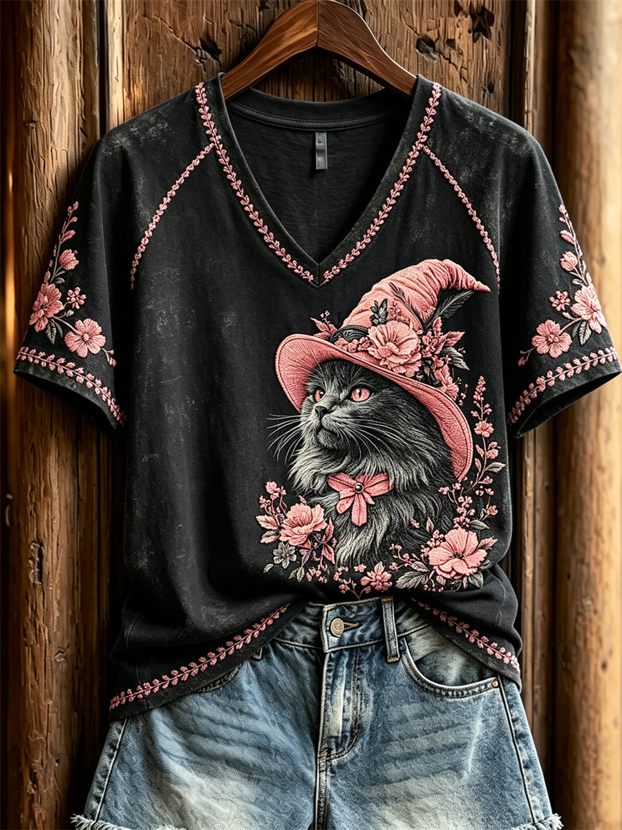 Tee-shirt Femme Noir Chat Sorcière Rose Imprimé Floral