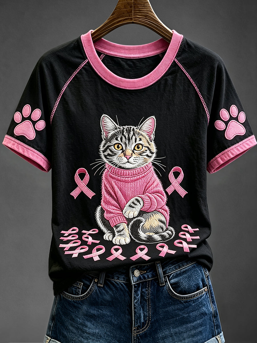 Femmes Mignon Chat Sensibilisation Au Cancer Du Sein Drôle Col Rond À Manches Courtes T-shirt