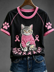 Femmes Mignon Chat Sensibilisation Au Cancer Du Sein Drôle Col Rond À Manches Courtes T-shirt