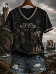 T-shirt femme à col en V imprimé Normandie, France