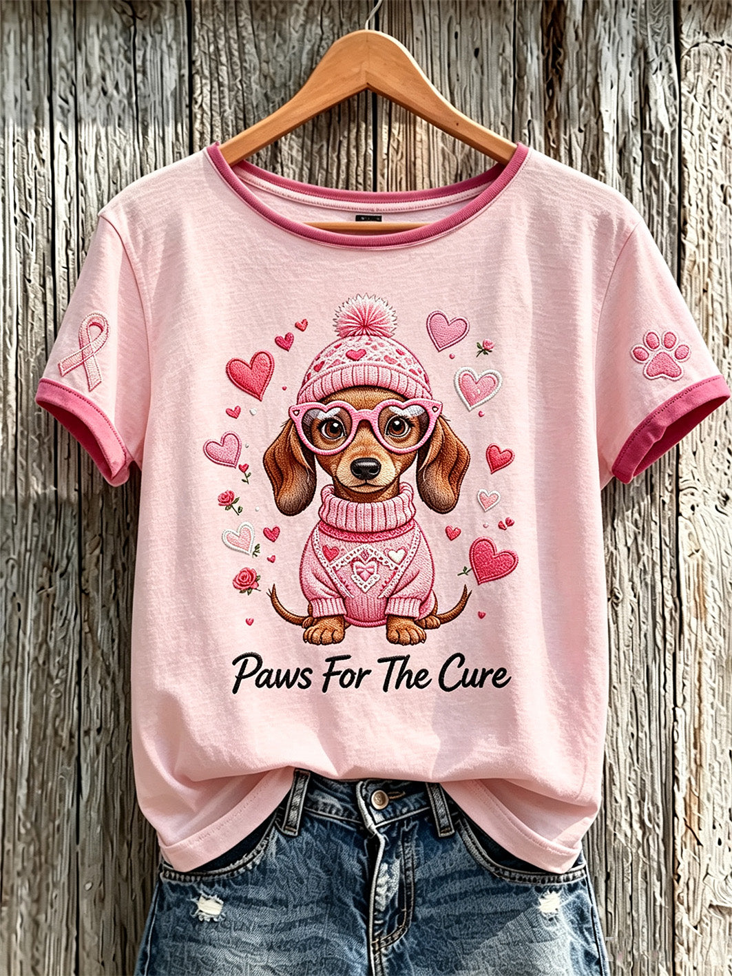 T-shirt à manches courtes décontracté à imprimé chien mignon thème cancer du sein pour femmes