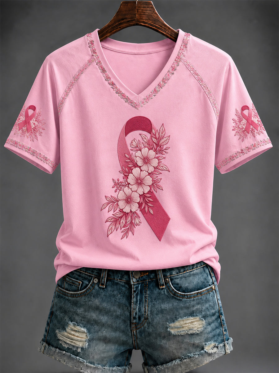 T-shirt à col en V imprimé rose Cancer du sein pour femme