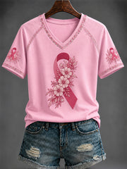 T-shirt à col en V imprimé rose Cancer du sein pour femme