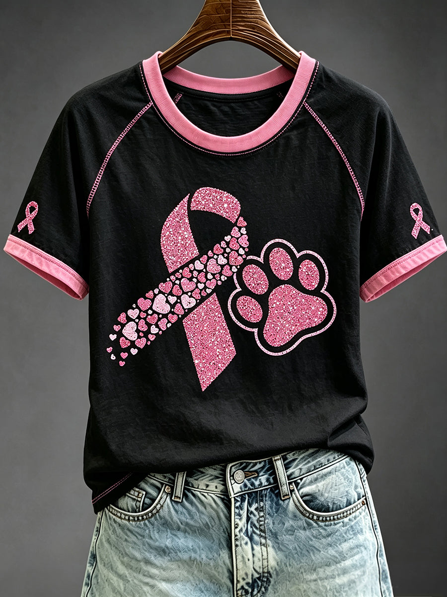 Femmes Cancer Du Sein Ruban Rose Pion Imprimer Col Rond À Manches Courtes T-shirt