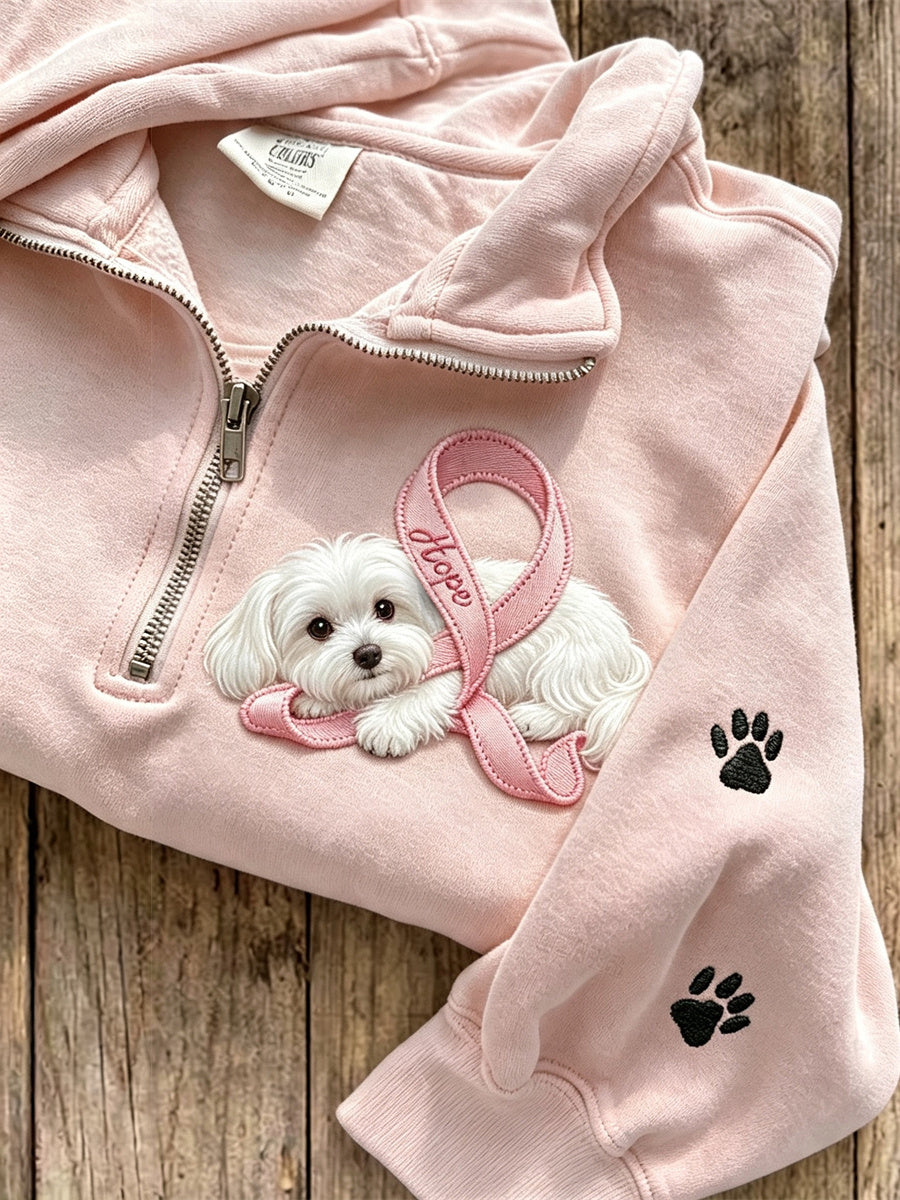 Sweat à fermeture éclair pour femme, ruban rose de l’espoir, motif chien maltais et empreintes de pattes