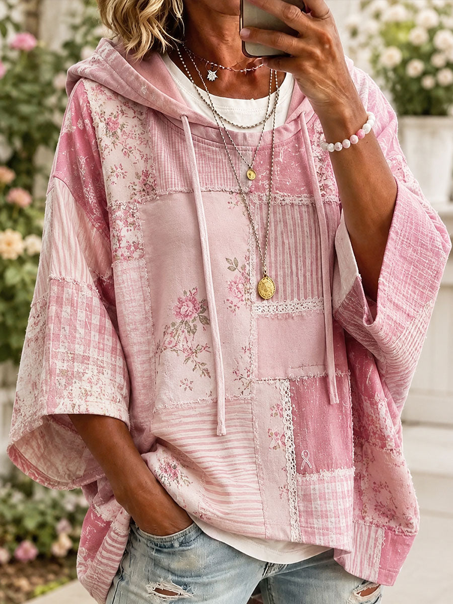 Sweat à Capuche Femme Rose Patchwork Art